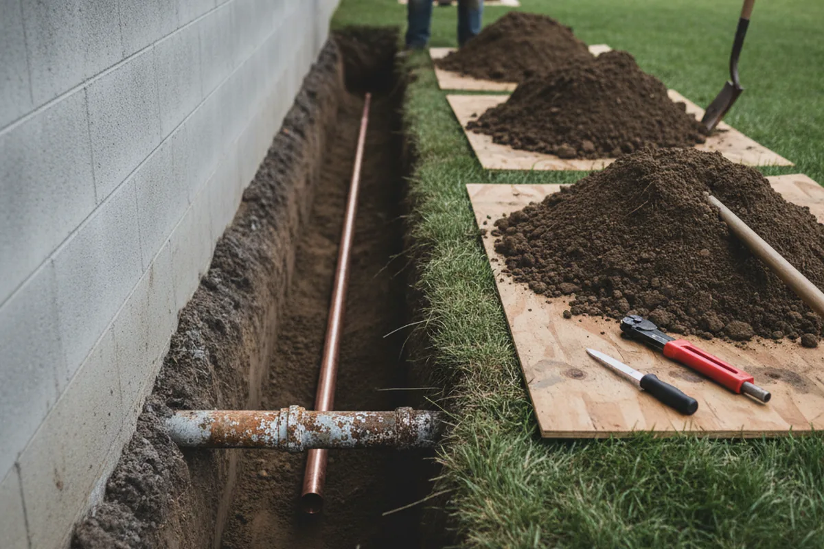 Excavated water line trench during Water Heater Repair in Reedley